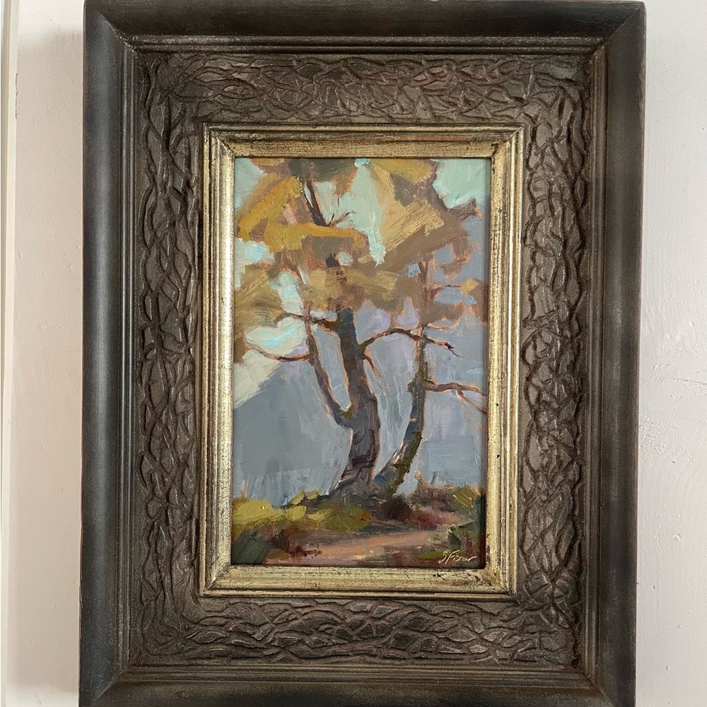 Original oil painting by Sally Anne Fischer. “Two Oaks” in hand carved frame